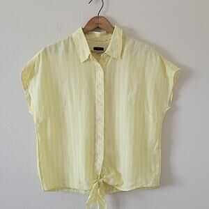Talbots Yellow Striped Tie Hem Button Front Top Size Medium Petite MP